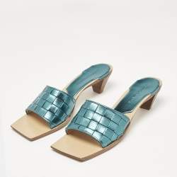 Bottega Veneta Metallic Blue Intrecciato Leather Square Toe Slide Sandals Size 38