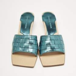 Bottega Veneta Metallic Blue Intrecciato Leather Square Toe Slide Sandals Size 38