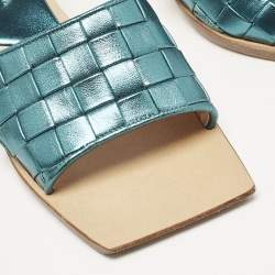 Bottega Veneta Metallic Blue Intrecciato Leather Square Toe Slide Sandals Size 38