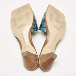 Bottega Veneta Metallic Blue Intrecciato Leather Square Toe Slide Sandals Size 38