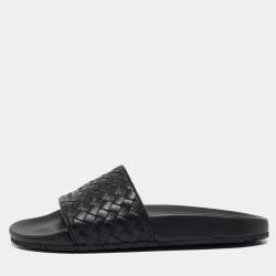 Bottega Veneta Black Intrecciato Leather Flat Slides Size 37
