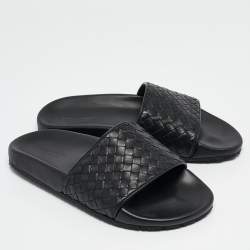 Bottega Veneta Black Intrecciato Leather Flat Slides Size 37