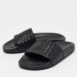 Bottega Veneta Black Intrecciato Leather Flat Slides Size 37