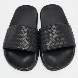 Bottega Veneta Black Intrecciato Leather Flat Slides Size 37