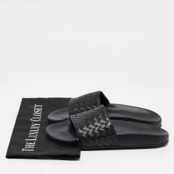 Bottega Veneta Black Intrecciato Leather Flat Slides Size 37