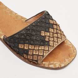 Bottega Veneta Gold/Black Intrecciato Leather Flat Slides Size 35.5