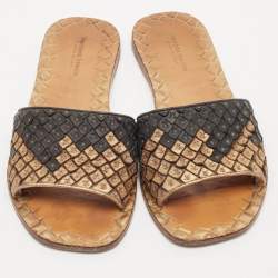 Bottega Veneta Gold/Black Intrecciato Leather Flat Slides Size 35.5
