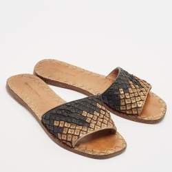 Bottega Veneta Gold/Black Intrecciato Leather Flat Slides Size 35.5