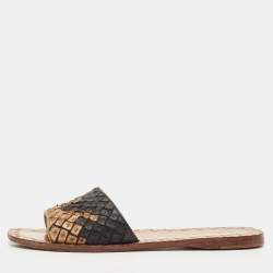 Bottega Veneta Gold/Black Intrecciato Leather Flat Slides Size 35.5