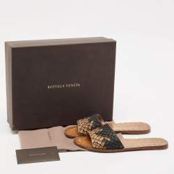 Bottega Veneta Gold/Black Intrecciato Leather Flat Slides Size 35.5