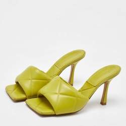 Pre Owned Bottega Veneta Lime Yellow Leather Lido Slide Sandals Size 37.5