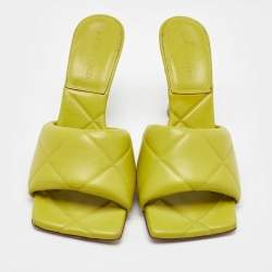 Pre Owned Bottega Veneta Lime Yellow Leather Lido Slide Sandals Size 37.5