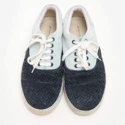 Bottega Veneta Navy Blue/Light Blue Intrecciato Suede Lace Up Sneakers Size 41