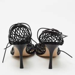 Pre Owned Bottega Veneta Black Mesh and Leather Stretch Ankle Strap Pumps Size 37