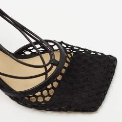 Pre Owned Bottega Veneta Black Mesh and Leather Stretch Ankle Strap Pumps Size 37