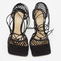 Pre Owned Bottega Veneta Black Mesh and Leather Stretch Ankle Strap Pumps Size 37