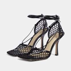 Pre Owned Bottega Veneta Black Mesh and Leather Stretch Ankle Strap Pumps Size 37
