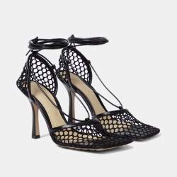 Pre Owned Bottega Veneta Black Mesh and Leather Stretch Ankle Strap Pumps Size 37