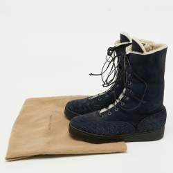 Bottega Veneta Navy Blue Suede Intrecciato Lace Up Snow Boots Size 37