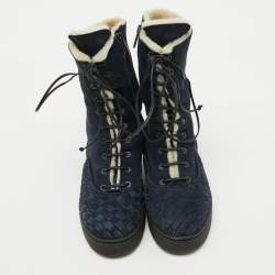 Bottega Veneta Navy Blue Suede Intrecciato Lace Up Snow Boots Size 37