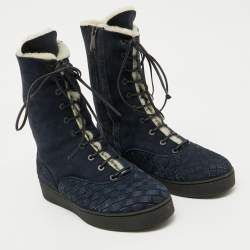 Bottega Veneta Navy Blue Suede Intrecciato Lace Up Snow Boots Size 37