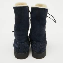 Bottega Veneta Navy Blue Suede Intrecciato Lace Up Snow Boots Size 37