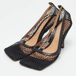 Bottega Veneta Black Mesh and Leather Trim Chain Detail Stretch Square -Toe Pumps Size 39