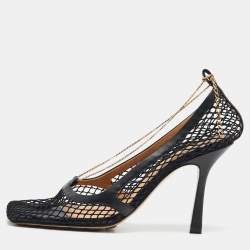 Bottega Veneta Black Mesh and Leather Trim Chain Detail Stretch Square -Toe Pumps Size 39