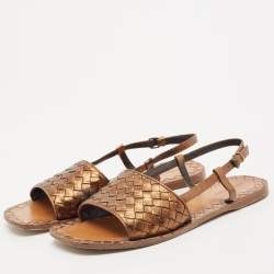 Bottega Veneta Bronze Intrecciato Leather Calvados Flat Sandals Size 40