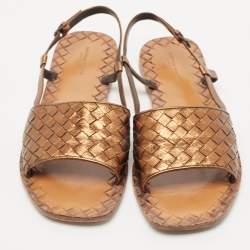 Bottega Veneta Bronze Intrecciato Leather Calvados Flat Sandals Size 40
