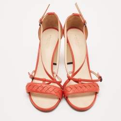 Pre Owned Bottega Veneta Red Leather Intrecciato Ankle Strap Sandals Size 40.5