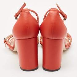 Pre Owned Bottega Veneta Red Leather Intrecciato Ankle Strap Sandals Size 40.5