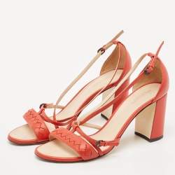 Pre Owned Bottega Veneta Red Leather Intrecciato Ankle Strap Sandals Size 40.5