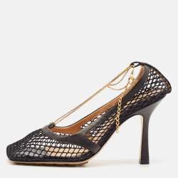 Bottega Veneta Black Mesh and Leather Chain Stretch Pumps Size 35