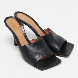 Bottega Veneta Black Leather Stretch Square Toe Slide Sandals Size 40