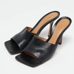 Bottega Veneta Black Leather Stretch Square Toe Slide Sandals Size 40