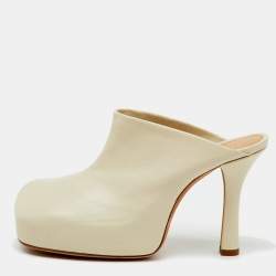 Bottega Veneta Cream Leather Platform BV Bold Mules Size 36