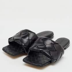 Bottega Veneta Black Intrecciato Leather Lido Flat Slide Sandals Size 39.5