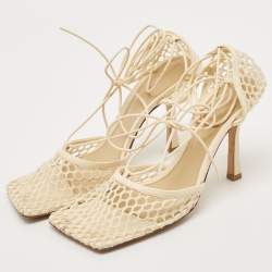 Bottega Veneta Cream Leather and Mesh Stretch Ankle Strap Sandals Size 39