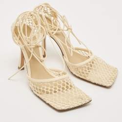 Bottega Veneta Cream Leather and Mesh Stretch Ankle Strap Sandals Size 39
