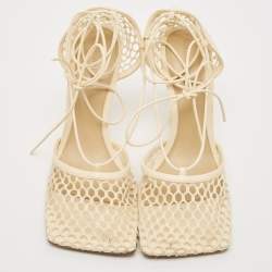 Bottega Veneta Cream Leather and Mesh Stretch Ankle Strap Sandals Size 39