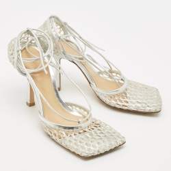 Bottega Veneta Silver Mesh and Leather Stretch Ankle Tie Pumps Size 37