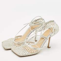 Bottega Veneta Silver Mesh and Leather Stretch Ankle Tie Pumps Size 37