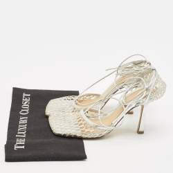 Bottega Veneta Silver Mesh and Leather Stretch Ankle Tie Pumps Size 37