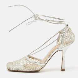 Bottega Veneta Silver Mesh and Leather Stretch Ankle Tie Pumps Size 37