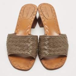 Bottega Veneta Brown Intrecciato Leather Ravello Slide Sandals Size 37.5