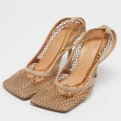 Pre Owned Bottega Veneta Beige Mesh and Leather Chain Stretch Pumps Size 38
