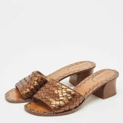 Pre Owned Bottega Veneta Bronze intreciato Leather Slide Sandals Size 38