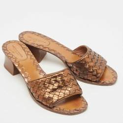 Pre Owned Bottega Veneta Bronze intreciato Leather Slide Sandals Size 38