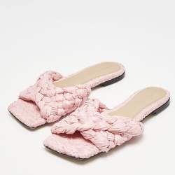 Bottega Veneta Pink Woven Raffia Stretch Flat Slides Size 36